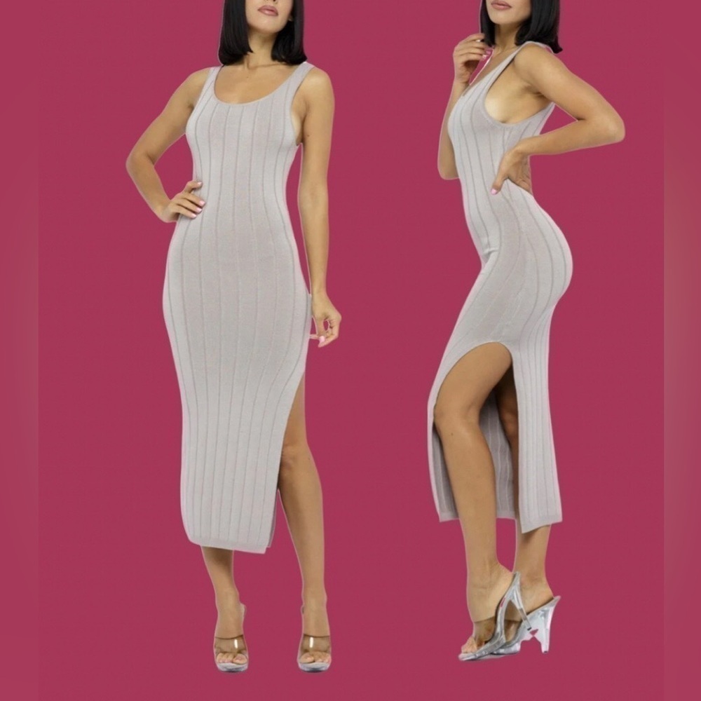 HERA COLLECTION pale dusty lavender ribbed midi dress with high side slit